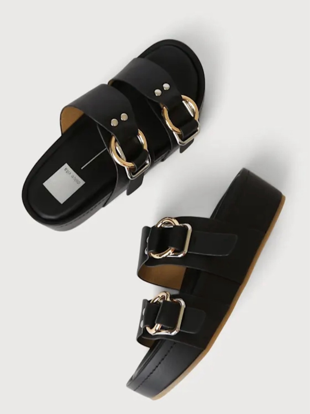 NIB Dolce Vita Cici Black Gold/Silver Double-Buckle Slide Sandals Sz 11